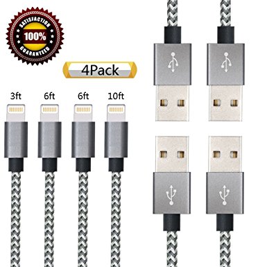 iPhone Charger Suanna - 4Pack 3FT 6FT 6FT 10FT Extra Long Nylon Braided Cord, Lightning Cable to USB Charging for iPhone 7, 7 Plus, 6S, 6 , SE, 5S, 5, iPad Air/Mini, iPod Nano 7 - (Grey White)