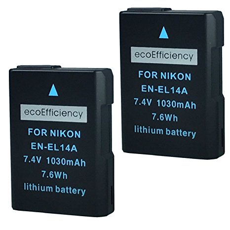 ecoEfficiency 2 Pack of Fully Decoded EN-EL14, EN-EL14A Batteries for Nikon D3400 Digital SLR Camera