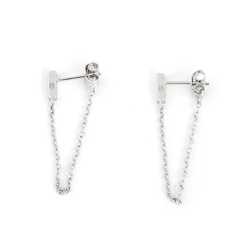 Solid Sterling Silver Rhodium Plated Bar Stud with Chain Dangle Earrings