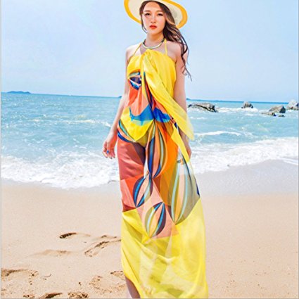 Topseller Sexy Womens Chiffon Bikini Summer Beach Swimwear Sarong Wrap Cover Dress Scarf Pareo (Yellow)