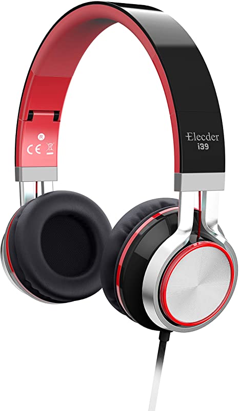 Elecder i39 Headphones with Microphone Foldable Lightweight Adjustable On Ear Headsets with 3.5mm Jack for iPad Cellphones Computer MP3/4 Kindle Airplane School Red/Black