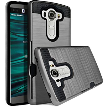 LG V10 Case, Jwest V10 Wallet Card Slot [Shockproof][Drop Protection] Metal Brushed Texture Non-Slip Pattern Hybrid Dual Layer Protective Cover Holder Slim Wallet Case Cover For LG V10, Dark Grey