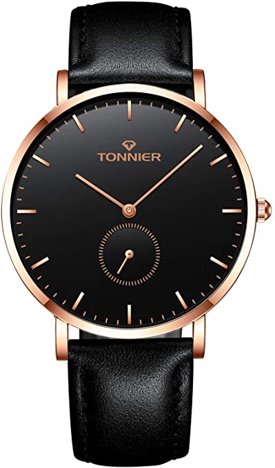 Tonnier Ultra-Thin Men Watch Gray Woollen and Cowhide Leather Strap with Independent Second Hand Dial Mans Quartz Watches