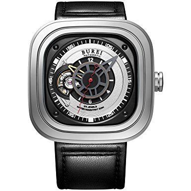 BUREI Men's Automatic Watch Square Black with Sapphire Crystal Glass and Leather Strap