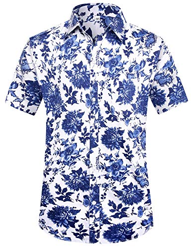 PEGENO Men's Flower Casual Button Down Short Sleeve Hawaiian Shirt