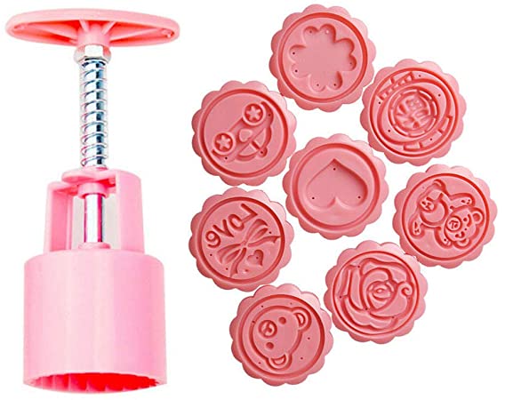 MISAZ 8 Pieces Cookie Stamp, Mid Autumn Festival DIY Moon Cake Mould Decoration Pastry Hand Press Cake Cutter Mold Set (50g 8pcs Stamps)
