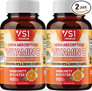 (2-Pack) Vitamin C 1000mg w/ Rose Hips by VS1 - Supplement for Immune Support for Adults Kids - Immune System Booster, Immunity Defense, High Absorption - Non GMO, Gluten Free - 180ct
