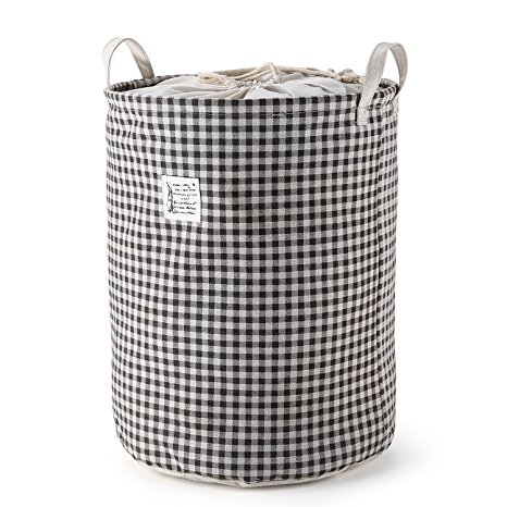 Folding Laundry Basket Hamper with Handles,Mee'life Waterproof Coating Ramie Cotton Fabric Drawstring Round Storage Bag Bins Boxes Dirty Clothes Sorter Organization Convenient Carrying Khaki Gray