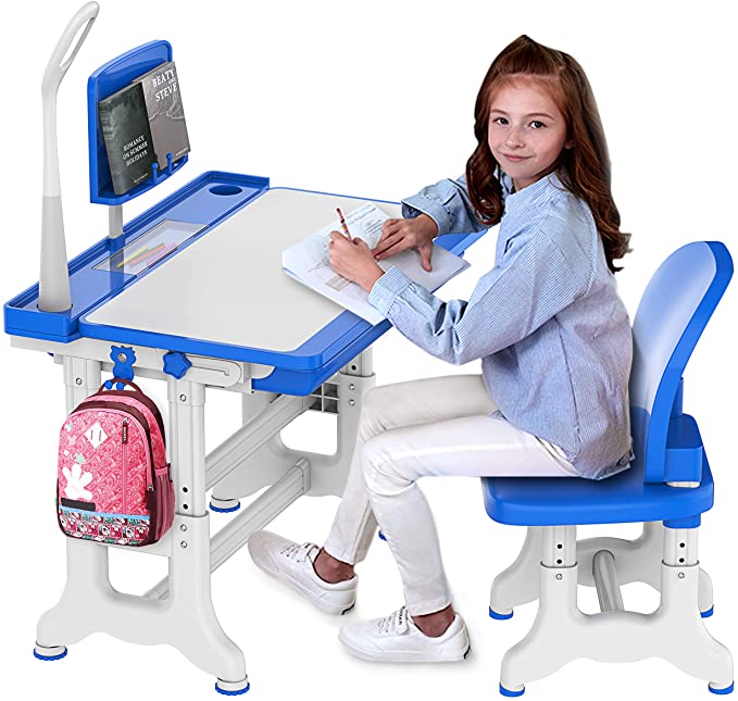 Kids Desk and Chair Set, Height Adjustable Kids Table and Chair Set, Home School Use Tiltable Anti-Reflective Children Study Table with Touch LED Light/Reading Board/Pull-Out Drawer
