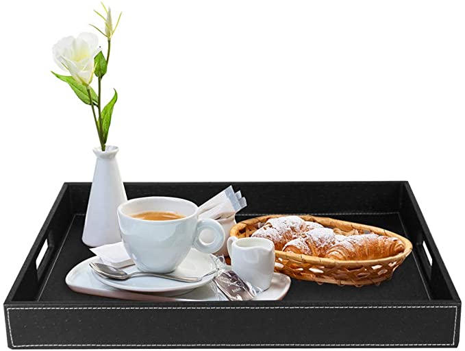 Gurfuy Black Large PU Leather Coffee Table Serving Tray Rectangle Ottoman Tray for Living Room Bedroom 17.8×13.8 Inch