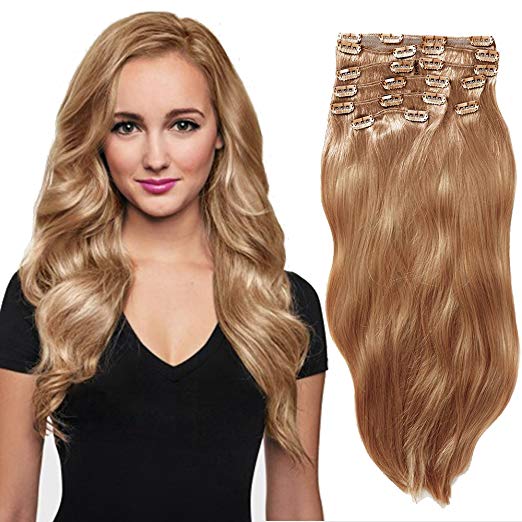 YONNA Remy Human Hair Clip in Extensions Double Weft Long Soft Straight 10 Pieces Thick to Ends Full Head Golden Blonde #14 18inch 200g