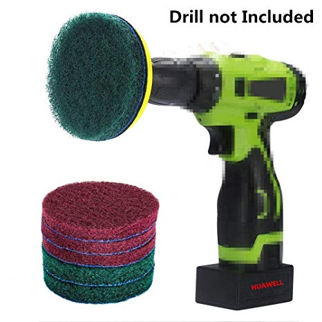 DUOSHIDA 4 Inch Drill Powered Brush Tile Scrubber Scouring Pads Cleaning Kit, 2 Different Stiffness, 4-Inch Disc Pad Holder with 6 Scrubbing Pads, Cleans Large Flat Areas Perfectly (4-inch)
