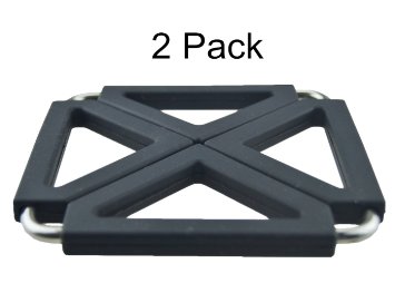 MelonBoat Expandable Silicone & Metal Trivet Mat, Hot Pot Holder Pads, 6.3" Square Black, Set of 2