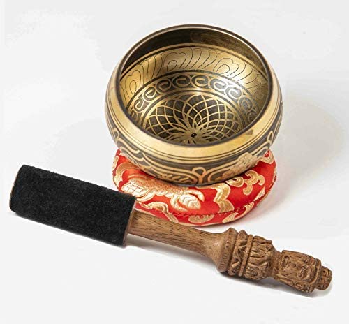 TARORO Tibetan Singing Bowl Set 5,1 inc Original Handmade Carved Great Sound Meditation Healing Yoga Zen Hand Carved Mallet with Buddha Silk Cushion Nepalese Gift Idea
