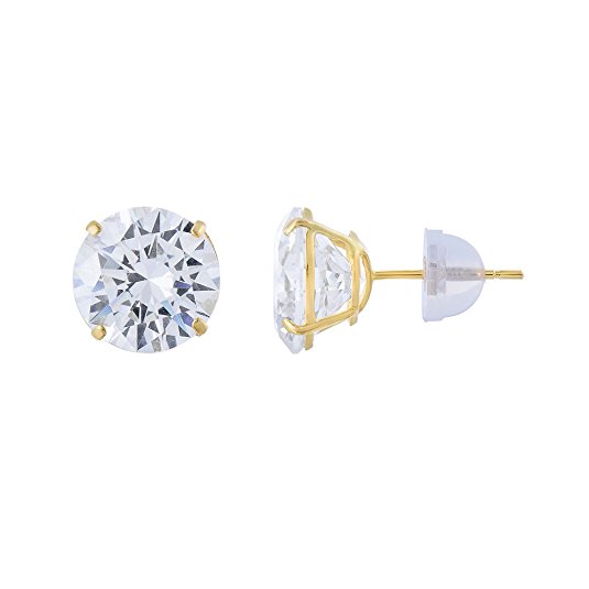14kt Solid Yellow Gold Super Bright Clear Cz Basket Setting Round Pushback Stud Earrings