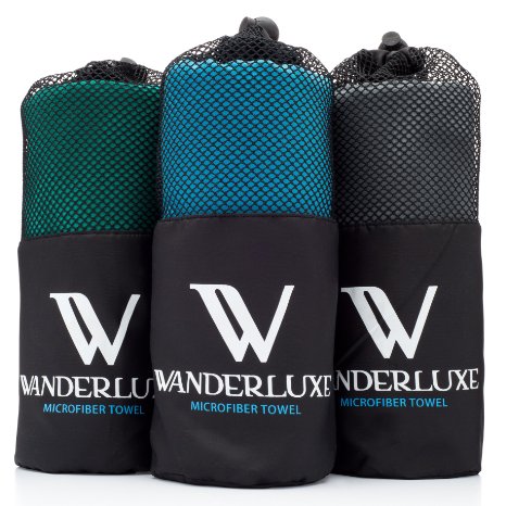 Wanderluxe Microfiber Travel Towel XL  Swimming Towel Set  Super Absorbent and Fast Drying  Bath Towel 60quot X 28quot with Hand Towel and Storage Bag Perfect for Beach Gym Camping Yoga