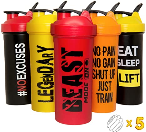 JEELA SPORTS Protein Shaker Bottles 5 Pack - 24 OZ- Cups with Shakers Ball - Shake Bottle set - BPA free cup - Powder Mixer for mixes - Leakproof shakes lids - Workout - Motivational Design