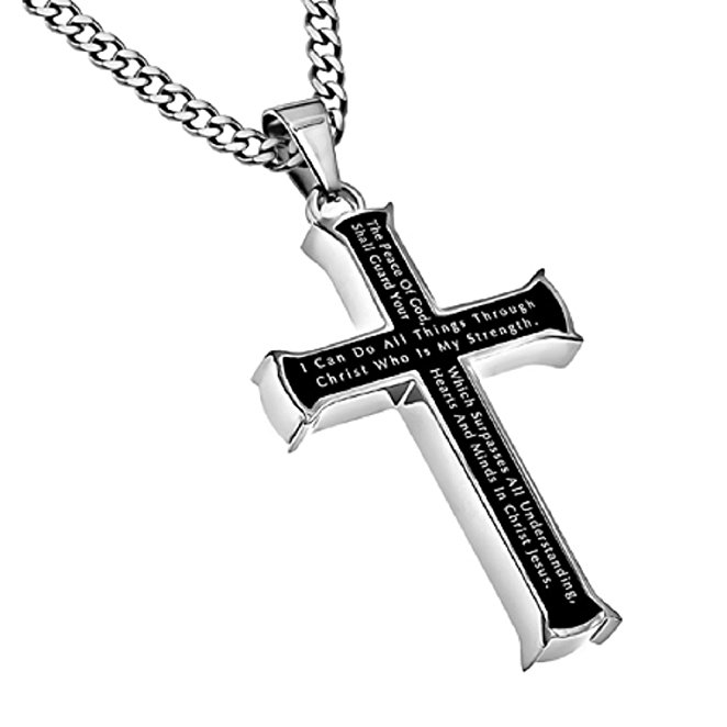 Philippians 4:7, 13 Jewelry Black Cross Necklace Bible Verse, Stainless Steel with Curb Chain