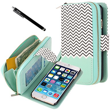 iPhone 6 Case, iPhone 6 Flip Case - E LV Deluxe PU Leather Folio Wallet Flip Case Cover for iPhone 6 (2014) (AT&T, T-Mobile, Sprint, Verizon, International Unlocked) with 1 Black Stylus - ZIGZAG/MINT