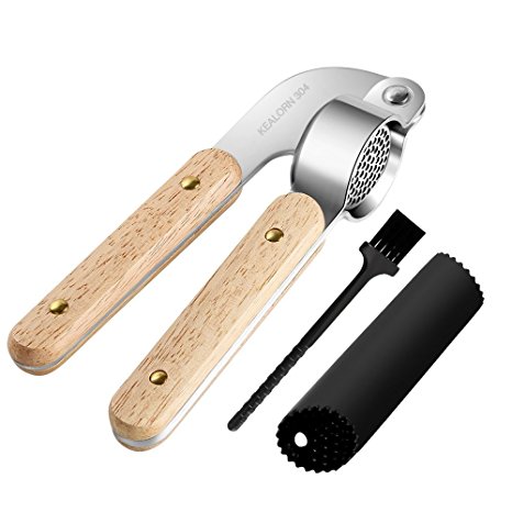 Garlic Press and Peeler Set.304 Stainless Steel Mince Garlic Tool Garlic Mincer Crusher and Silicone Tube Roller and Cleaning Brush by Kealorn