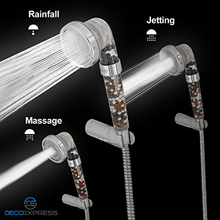 High Pressure Ionic Handheld Shower Head with 3-Way Shower Modes - Pressure Booster & Water Saving - Negative Ion Filter that Softens Water and Removes Chlorine – Sealed Gift Box comes with Extra Stainless Steel Plate and Replacement Mineralised Stones