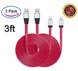 EverdigiTM2pcs 3ft Strengthened Standard Tangle-free Super Durable USB ChargeampSync Flat Data Cable Cord Wire - for iPhone 6 iPhone 6plus iPhone 5 iPhone 5s iPhone 5c iPod Touch 5 iPad 4 iPad Air iPad Mini with Authentication Chip Ensures Fastest Charging Speed No Annoying Error Message Lifetime Worry-free GuaranteedRed2PCS
