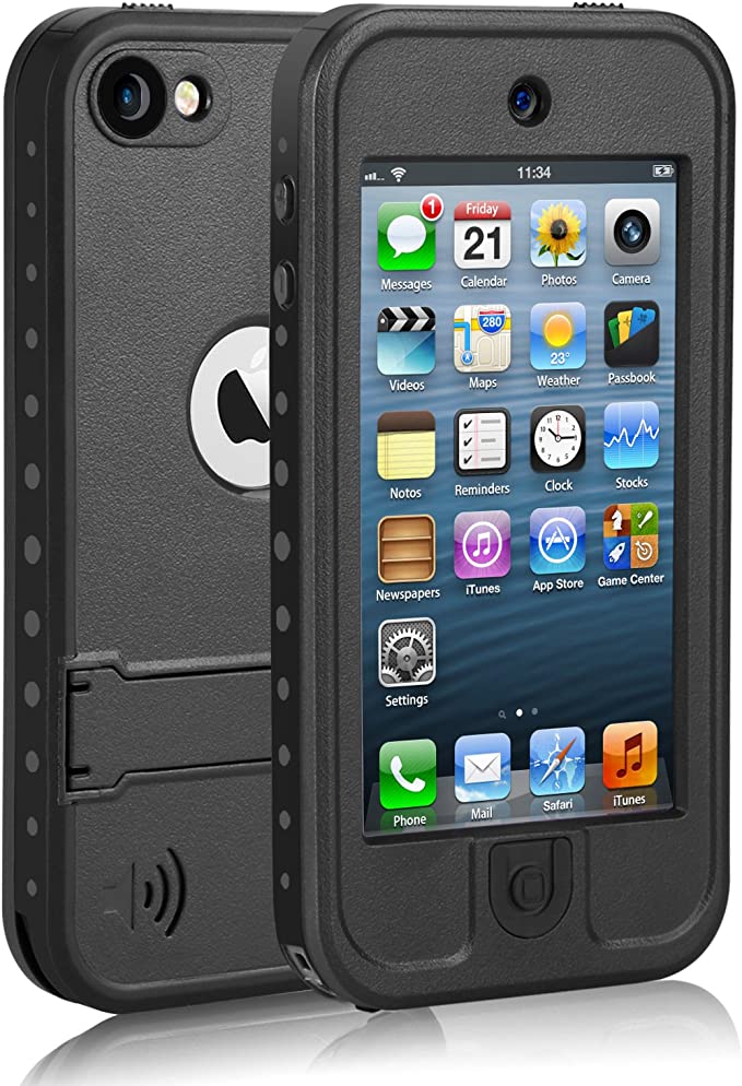 Meritcase Waterproof Case with Kickstand and Built-in Screen Protector for Apple iPod Touch 5/6/7 for Swimming Snorkeling Surfing- Black