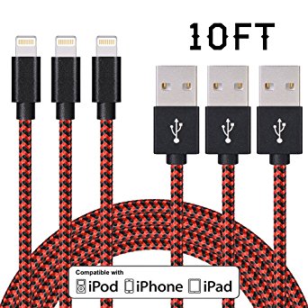 littlejian iPhone Cable,3Pack 10FT Extra Long Nylon Braided Cord Lightning Cable Certified to USB Charging Charger for iPhone 7/7 Plus/6S/6S Plus,SE/5S/5,iPad,iPod Nano 7 (Black Red,10FT)