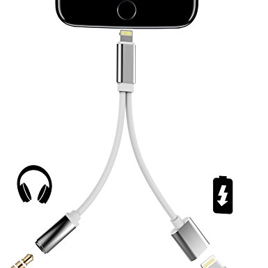 2 in 1 iPhone 7 /iphone 8 Adapter(Compatible with iOS 10.3)Silver 1item, Lightning to Charger and Lightning to 3.5mm Aux Earphones Jack Cable for iPhone 7 / 7 Plus