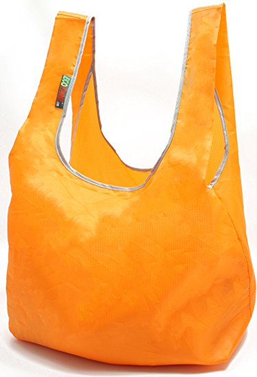 EcoJeannie Super Strong Ripstop Nylon Foldable Reusable Bag Grocery Shopping Tote Bag with Built-in Pouch, RB0002 (Orange)