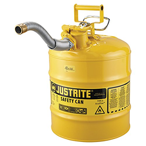 Justrite 7250230 AccuFlow 5 Gallon, 11.75" OD x 17.50" H Galvanized Steel Type II Yellow Safety Can With 1" Flexible Spout