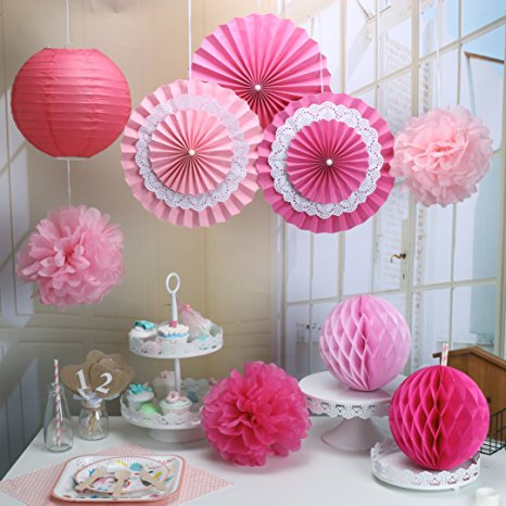 RiscaWin Set for Decoration Paper Fan,Tissue Paper Pom Poms ,Paper Lanterns,Honeycomb Balls (Set of 9) Pink