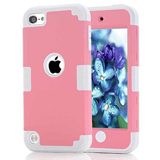 Dual Layer Hybrid Silicone Rubber Hard Case with Screen Protector and Touch Stylus for Apple iPod Touch 6/ 5 (Grey Pink)
