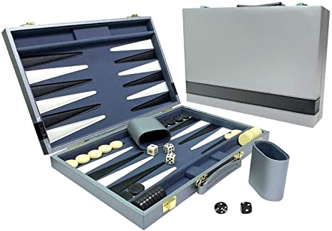 Sun Flair Vinyl Backgammon Set 15 inch, Folding Classic Board Game, Smart Tactics Premium Best Strategy, Tip Guide Enclosed, Gray and Black 136M-5