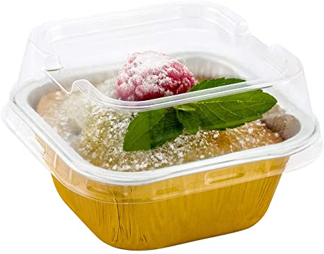 Premium 3.4-OZ Baking Cups with Lids - Square Foil Baking Cups & Lids Perfect for Fancy Desserts or Mini Snacks - Gold Cup with Clear Lid - Oven & Freezer Safe - Recyclable - 100-CT