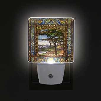 ALIREA Stained Glass Windows Plug in LED Night Light Auto Sensor Dusk to Dawn Decorative Night for Bedroom, Bathroom, Kitchen, Hallway, Stairs,Hallway,Baby's Room, Energy Saving