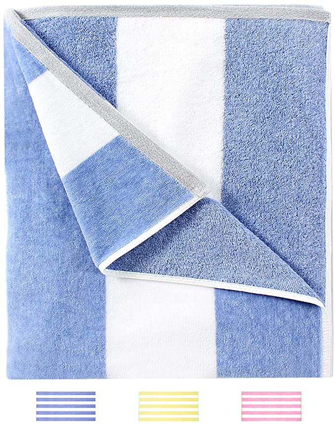 HENBAY Fluffy Oversized Beach Towel - Plush Thick Large 70 x 35 Inch Cotton Pool Towel, Blue Striped Quick Dry Swimming Cabana Towel (1 Pack)