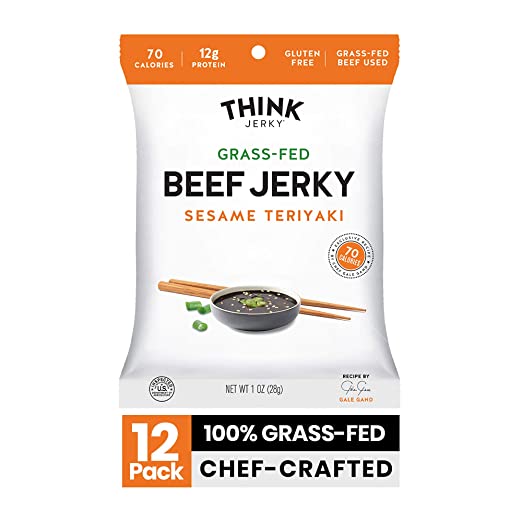 Sesame Teriyaki Beef Jerky by Think Jerky — Delicious Chef Crafted Jerky — Grass-Fed Beef Free of Gluten, Antibiotics and Nitrates — Healthy Protein Snack Low in Calories and Fat — 1 Ounce (12 Pack)