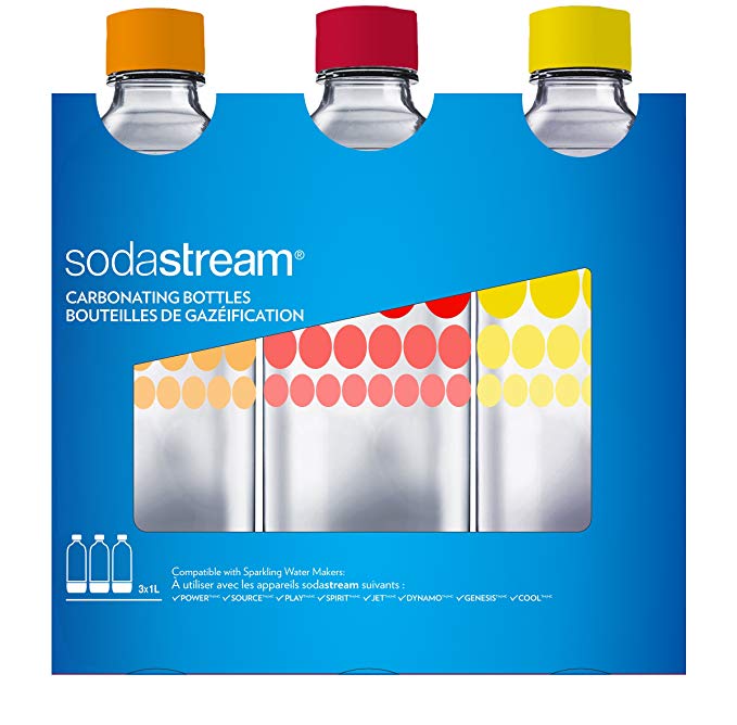 Sodastream Carbonating Bottle Three Pack 1 Liter / 3.38oz (Yellow, Red & Orange)