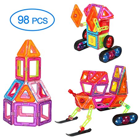 Magnetic Building Blocks, 98 PCS Set Magnets Toys Tiles for Kids, Educational Construction Playboards, 3D Creativity Magnet Stacking Block for Toddlers, Varied Shapes in Rainbow Color
