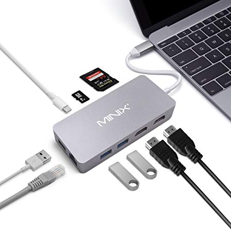 MINIX USB-C Hub Multiport Adapter with Dual HDMI output, 4K adapter, 3 USB 3.0 ports, Gigabit Ethernet port,USB-C Charging Port, Micro SD/SD card readers for Apple MacBook/MacBook Pro. (Space Gray)
