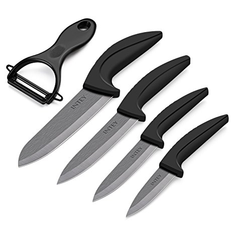 INTEY Ceramic Knife Set 4 Pieces Kitchen Knife Set with Protective Cover and 1 Ceramic Peeler, Black