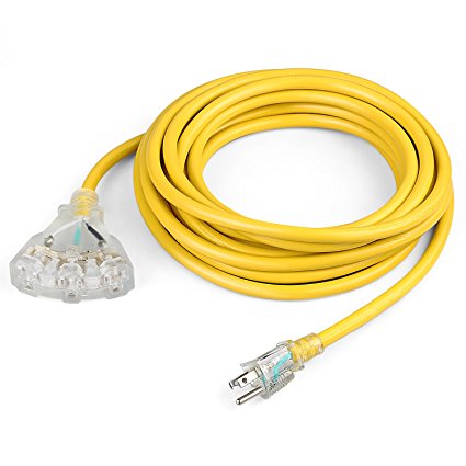 SIMBR 12 Gauge Extension Cord Outdoor, Lighted Power Cord Heavy Duty, 12/3 SJTW, 15 Amps, 1875 Watts, UL Listed, Yellow (25 FT 3 outlets)