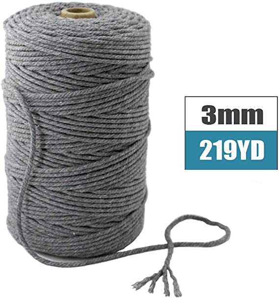 Mygogo Macrame Cord 3mm x 219Yards (About 200m,656feet) Dark Gray Colored Cotton Macrame Rope 4 Strand Twisted Soft Cotton Cord for Handmade Wall Hanging Plant Hanger Craft Making DIY Knotting