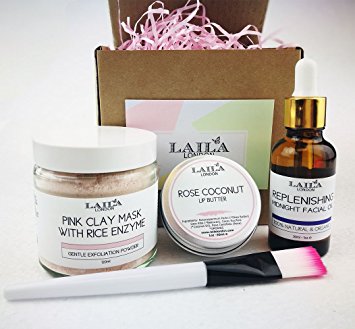 Laila London 100% Natural Organic Beauty Gift Box Perfect Birthdays, Wedding Rose Body Oil, Pure Pink Clay Mask, Brush, Rose Lip Balm, Replenishing Midnight Facial Oil, Anti-Aging