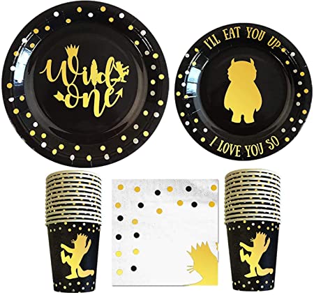Wild One Birthday Decorations I 96 Pieces - 3 in 1 Wild One Party Supplies I Party Plates I Wildone Napkins I Disposable Cups/Glass I First Birthday Decoration Tableware Supplies