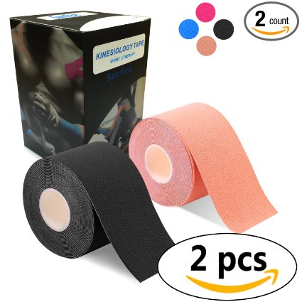Kinesiology Tape 2 Rolls Combo Pack for Athletic Sports, Recovery and PhysioTherapy FREE, Waterproof, Uncut, 2-Inch x 16.4-Feet