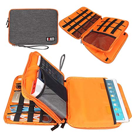 BUBM Compact Cord Organizer,Double Layers Electronics Travel Organizer Bag for Cables,USB,Flash Drive,Power Bank,More Fit for iPad(Large, Grey Orange)