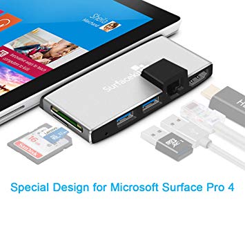 Surfacekit 1000M Ethernet LAN USB 3.0 Hub Adapter &Card Reader Combo Build-in Mini DP to HDMI Video Converter, Dual USB 3.0 Port and SD & TF/Micro SD Memory Card Reader for Microsoft Surface Pro 4