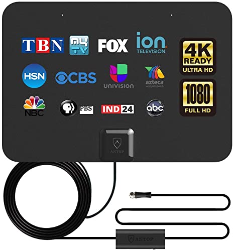 ANTOP TV Antenna,Digital Indoor Antenna HD Antennas with Smartpass Amplifier Signal Booster,200 Miles Range Support 4K 1080p VHF UHF Fire tv Stick,16ft Coax HDTV Cable and USB AC Adapter Included